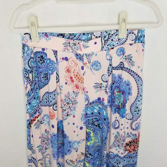 Express Women's Small Pants Pull On Pleated Stretch Paisley Pink Blue Pockets - Picture 3 of 7